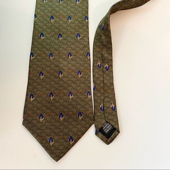 Vintage Bill Blass Silk Tie Olive Green Feathers Art Deco Peacock - Picture 2 of 3